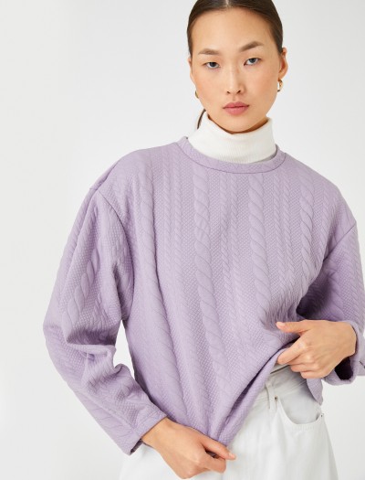 Koton Kadın Crop Sweatshirt Örgü Desenli Uzun Kollu